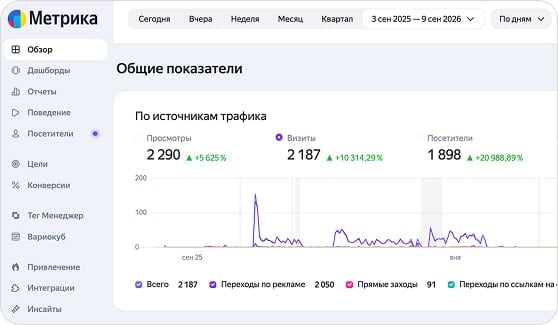 Обзор счётчика Яндекс Метрики с визитами и просмотрами
