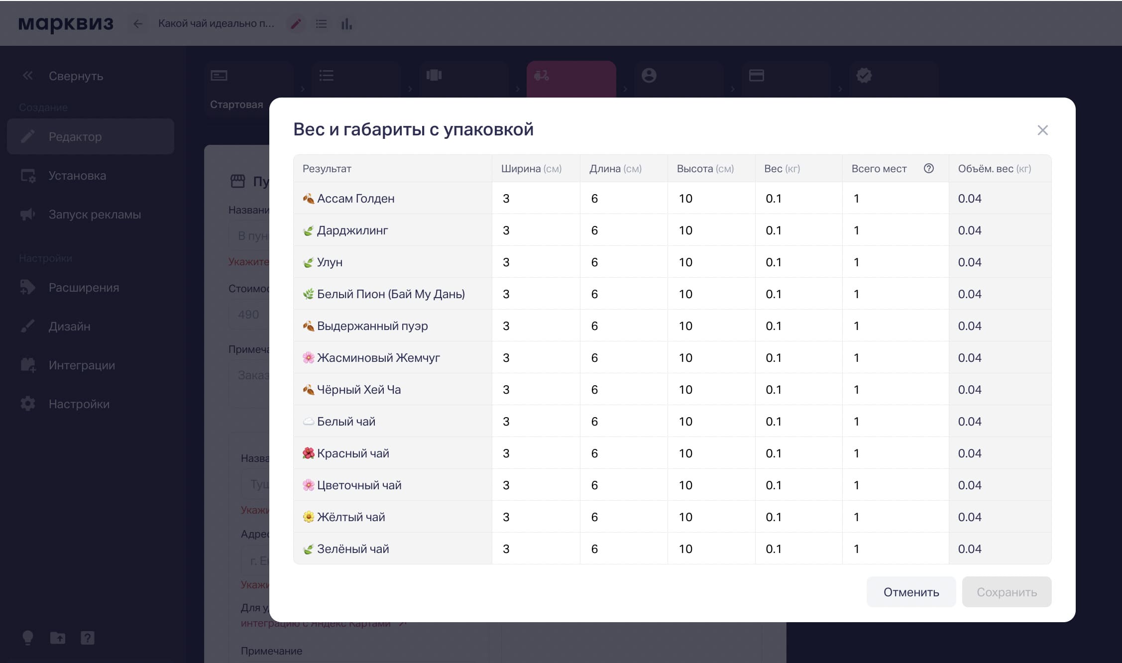 Габариты товаров для расчета доставки