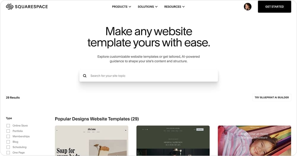 Галерея шаблонов Squarespace и Blueprint AI Builder