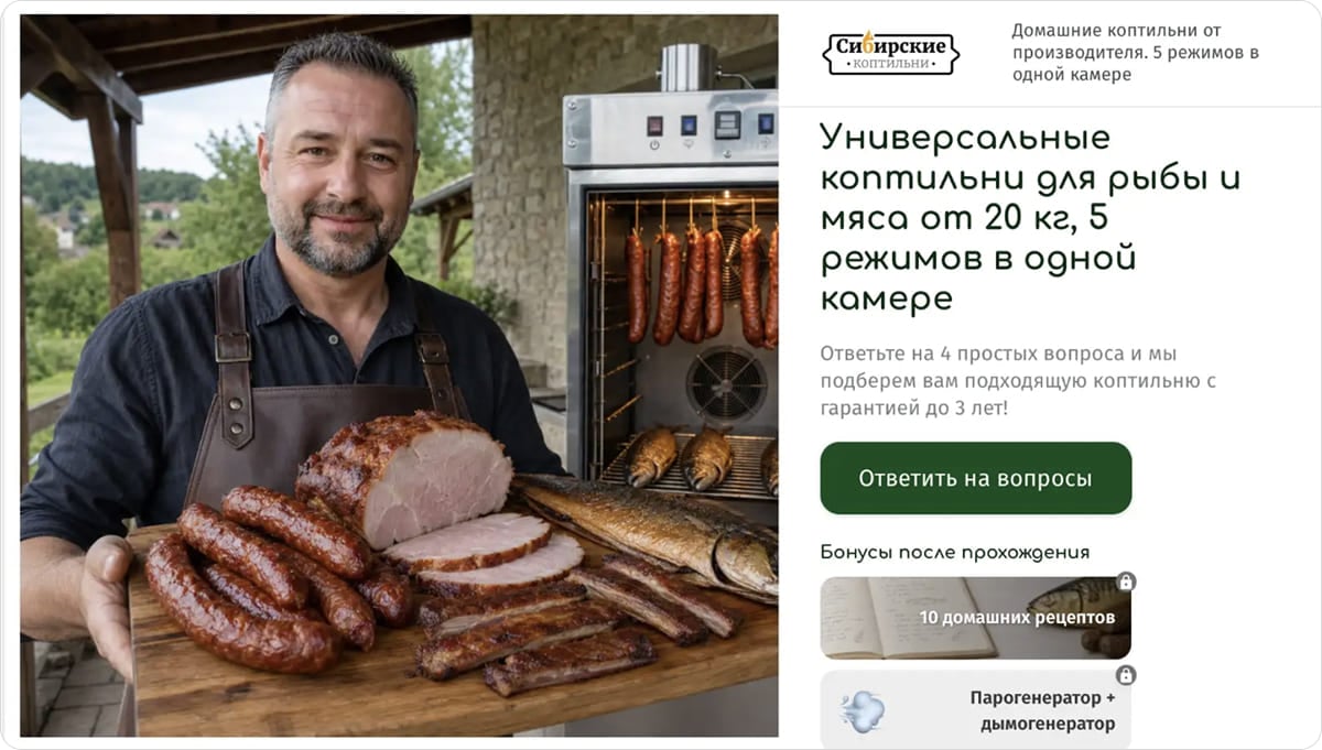 Стартовый экран квиза с нейросетевым изображением коптильни
