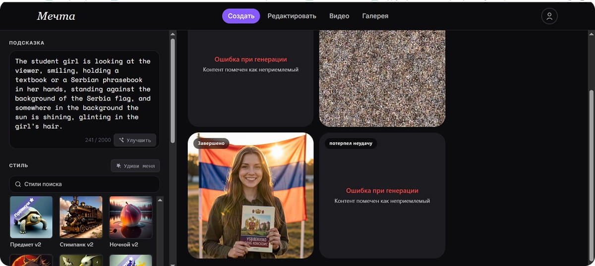 Генерация по промпту на русском в Dream AI