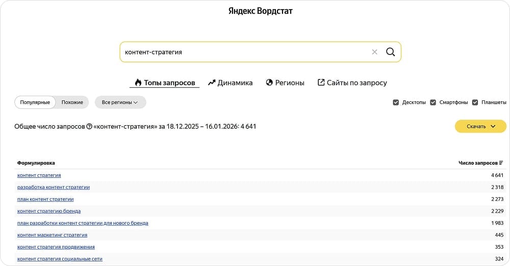 Поиск ключевых слов в Вордстате