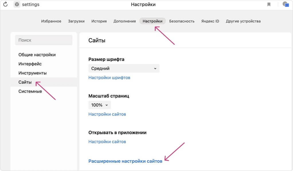 Раздел сайты Yandex