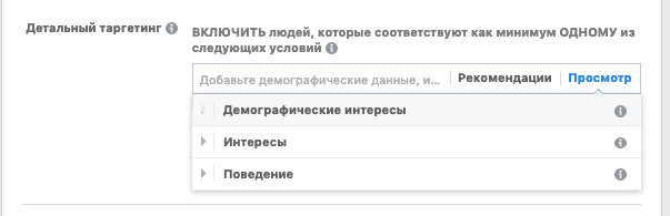 В настройках аудитории вы можете подключить детальный таргетинг, который включает в себя людей, соответствующих как минимум одному из выбранных условий в выпадающем списке