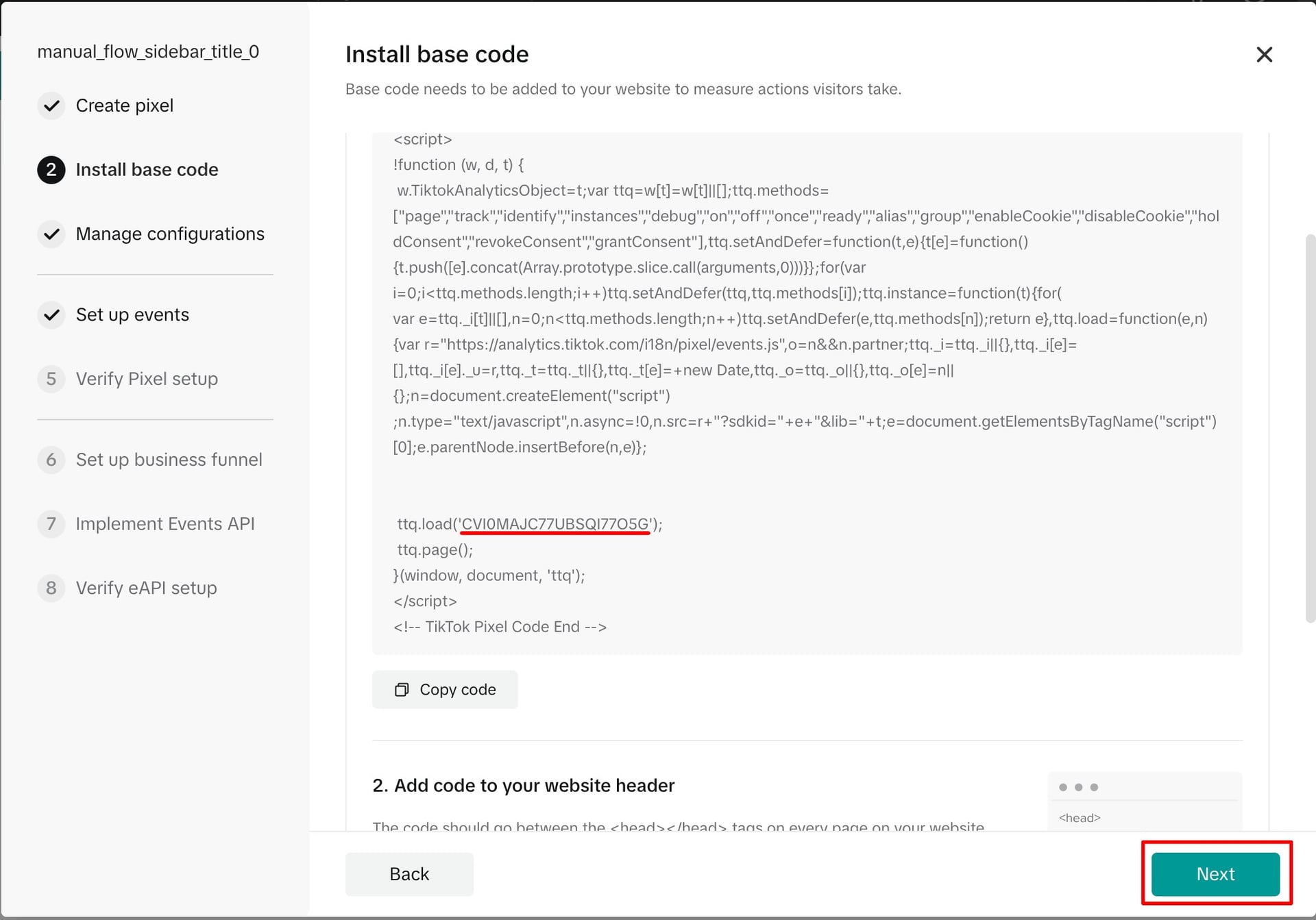 В разделе Install base code нужно скопировать ID пикселя. 
